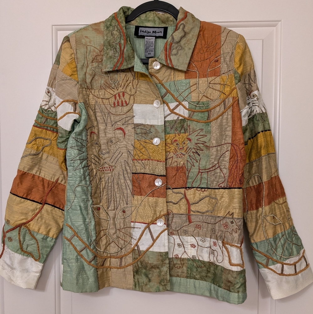 Indigo Moon Embroidered Jacket, Lions, Cats, Gold, Green Sz XS